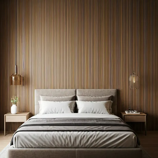 Modern bedroom with warm wood textures